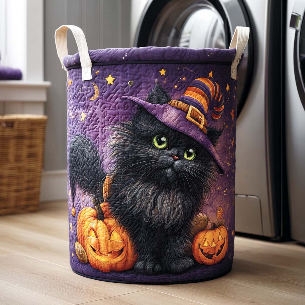 Moonlit Cat Quilted Laundry Basket Best Clothes Hamper Halloween Gifts For Teens