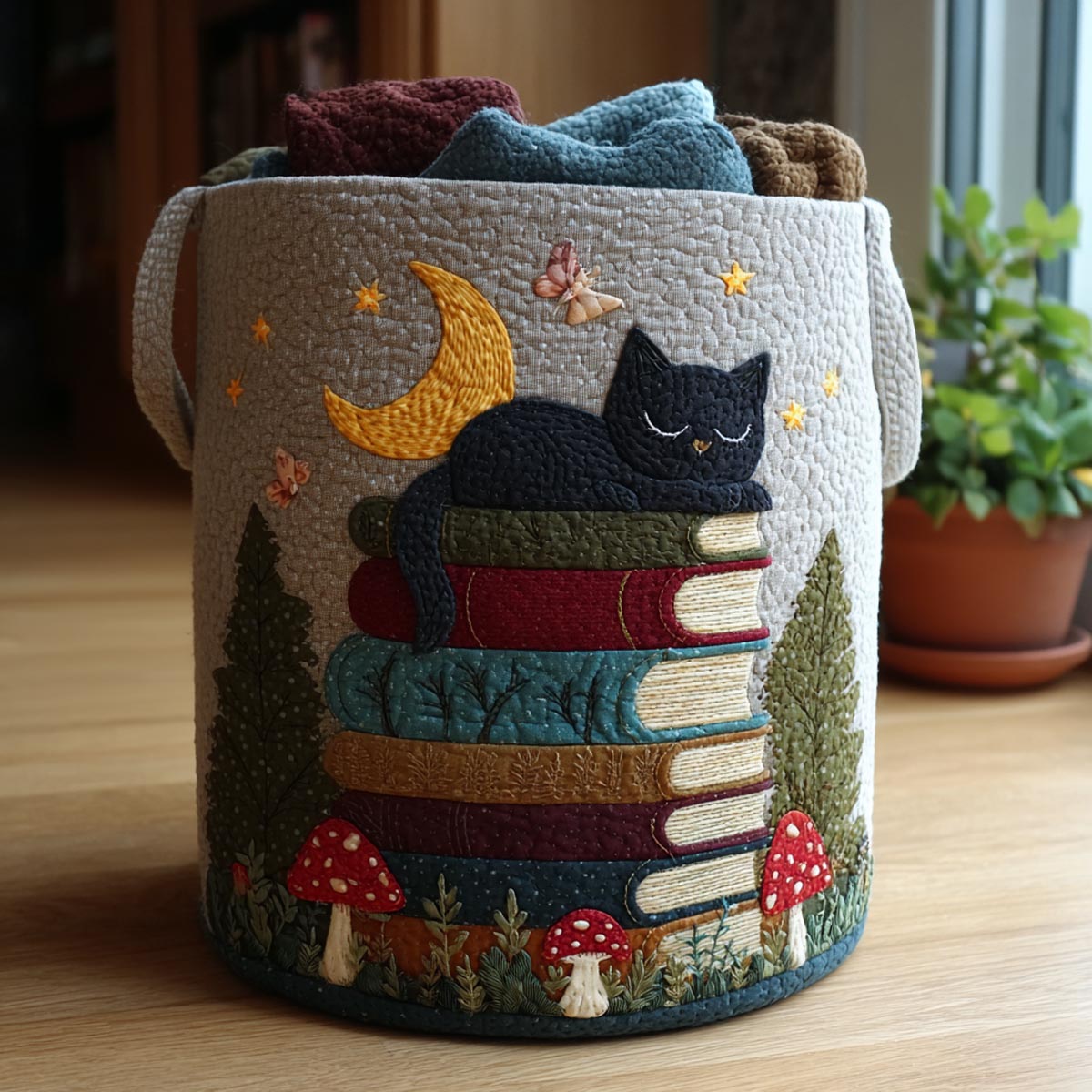 Moonlit Cat Quilted Laundry Basket Best Hampers Cat Lover Gifts