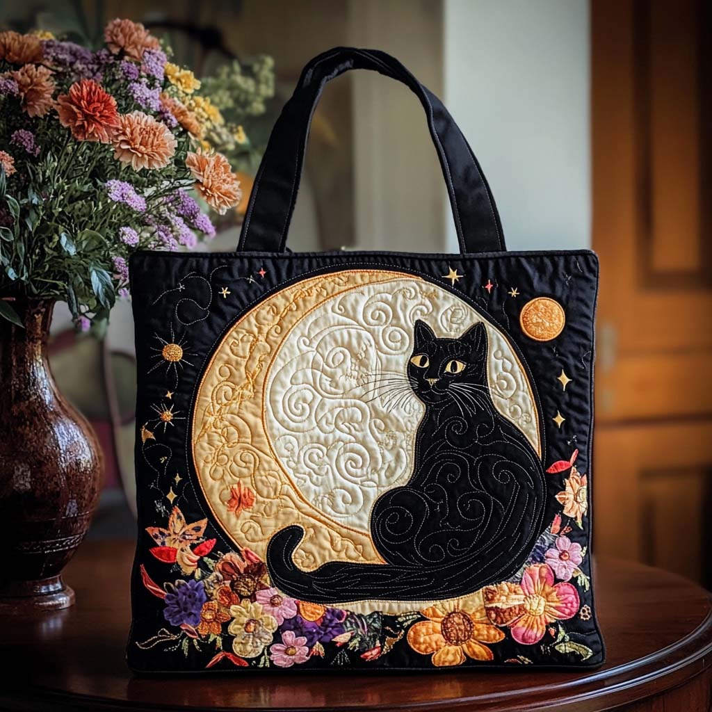 Moonlit Cat Quilted Tote Bag Best Everyday Shoulder Bag Awesome Gifts For Cat Lovers