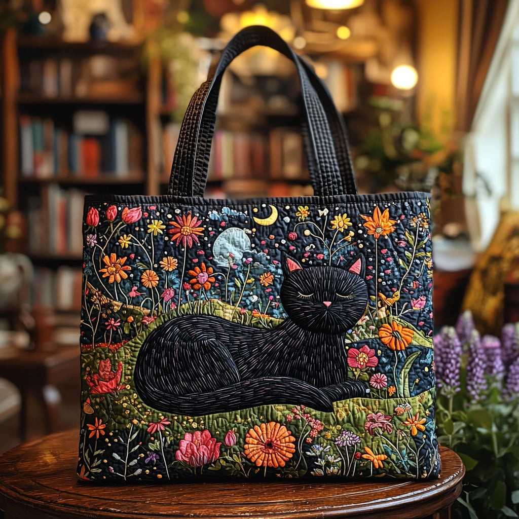 Moonlit Meow Quilted Tote Bag Cool Tote Bags For Women Best Gifts For Cat Owners