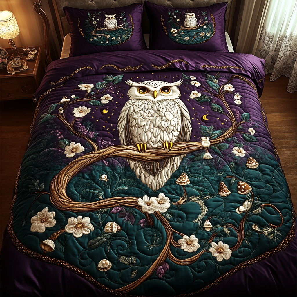 Moonlit Perch Quilted Bedding Set Unique Sheet Sets Gift For Owl Lover