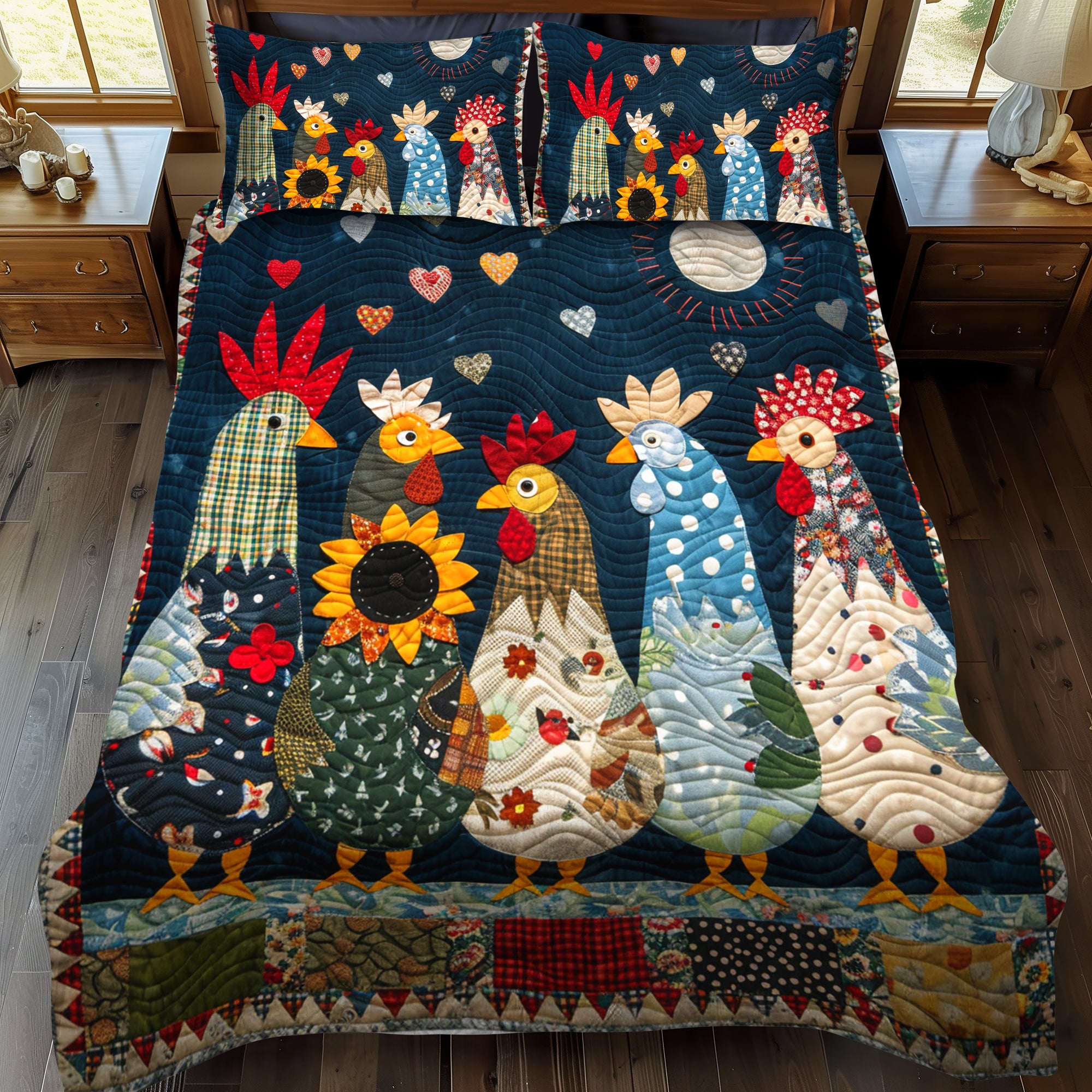 Moonlit Roosters Quilted Bedding Set Cute Bed Sheets For Teens Gifts For Chicken Owners