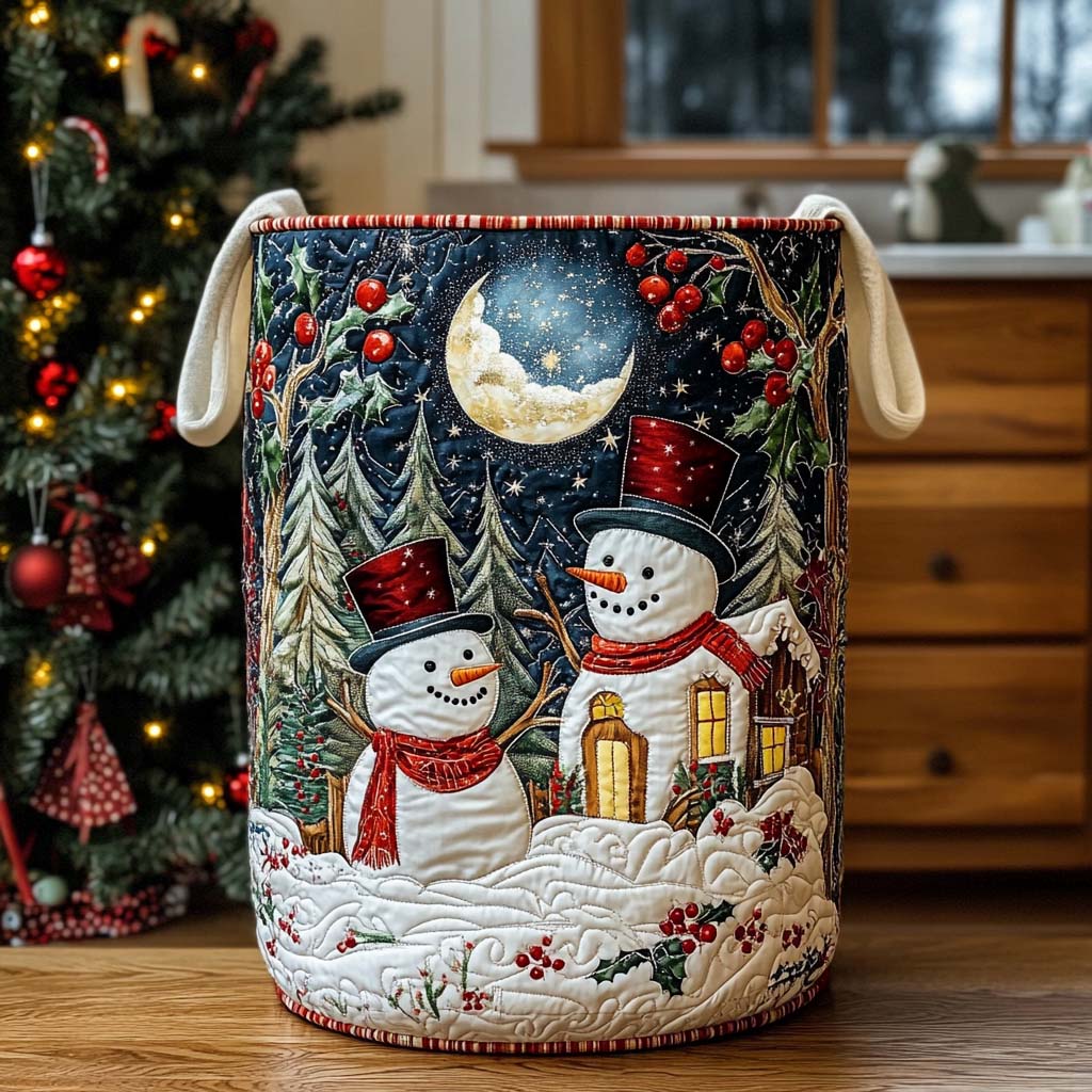 Moonlit Snowmen Quilted Laundry Basket Foldable Storage Bin Xmas Present For Daughter In Law
