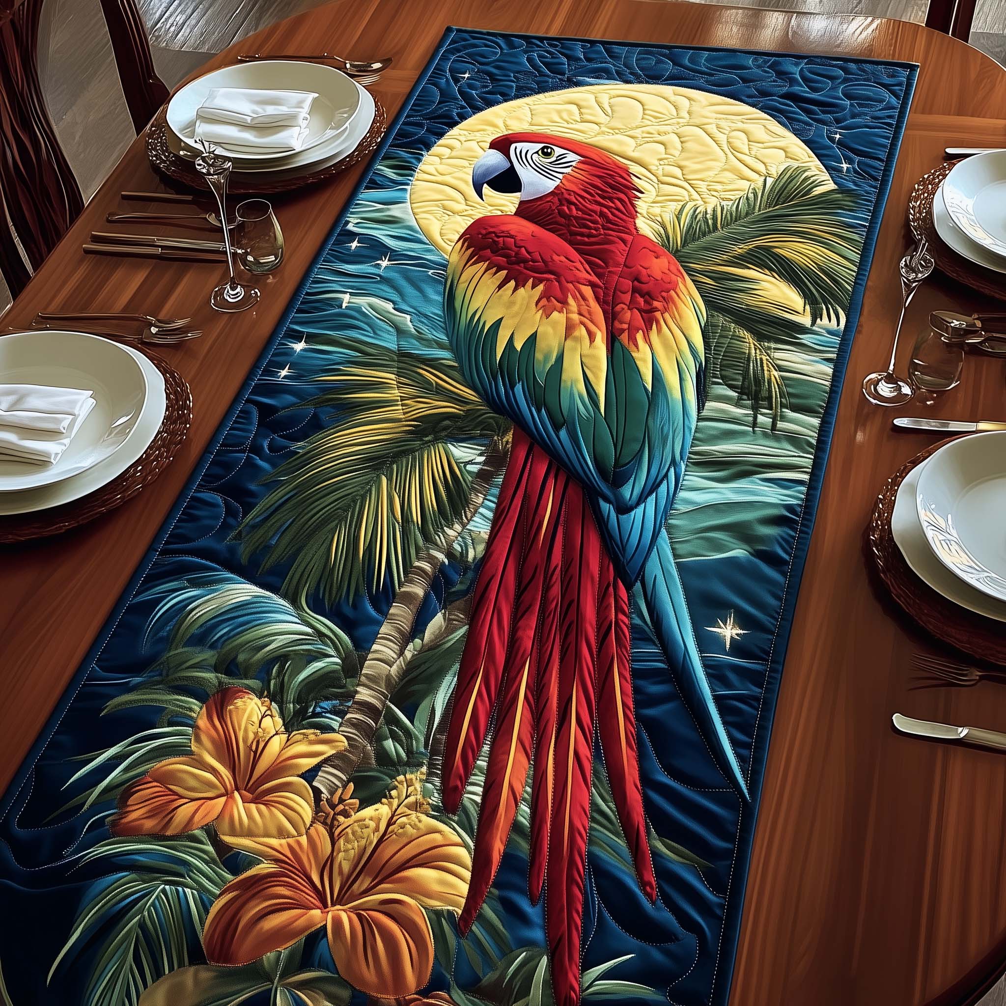 Moonlit Tropics Quilted Table Runner Dining Room Decor Parrot Gifts Presents