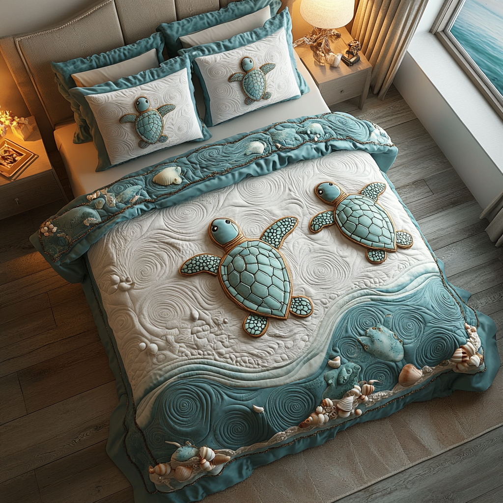 Moonlit Turtle Quilted Bedding Set Unique Bed Sheet Set Sea Turtle Gift Ideas