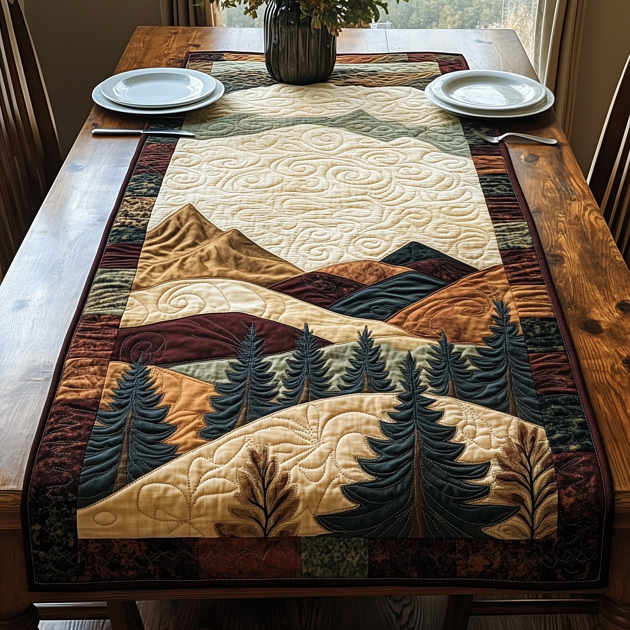 Mountain Forest Quilted Table Runner Elegant Dining Table Runner Good Gifts For Mom Birthday