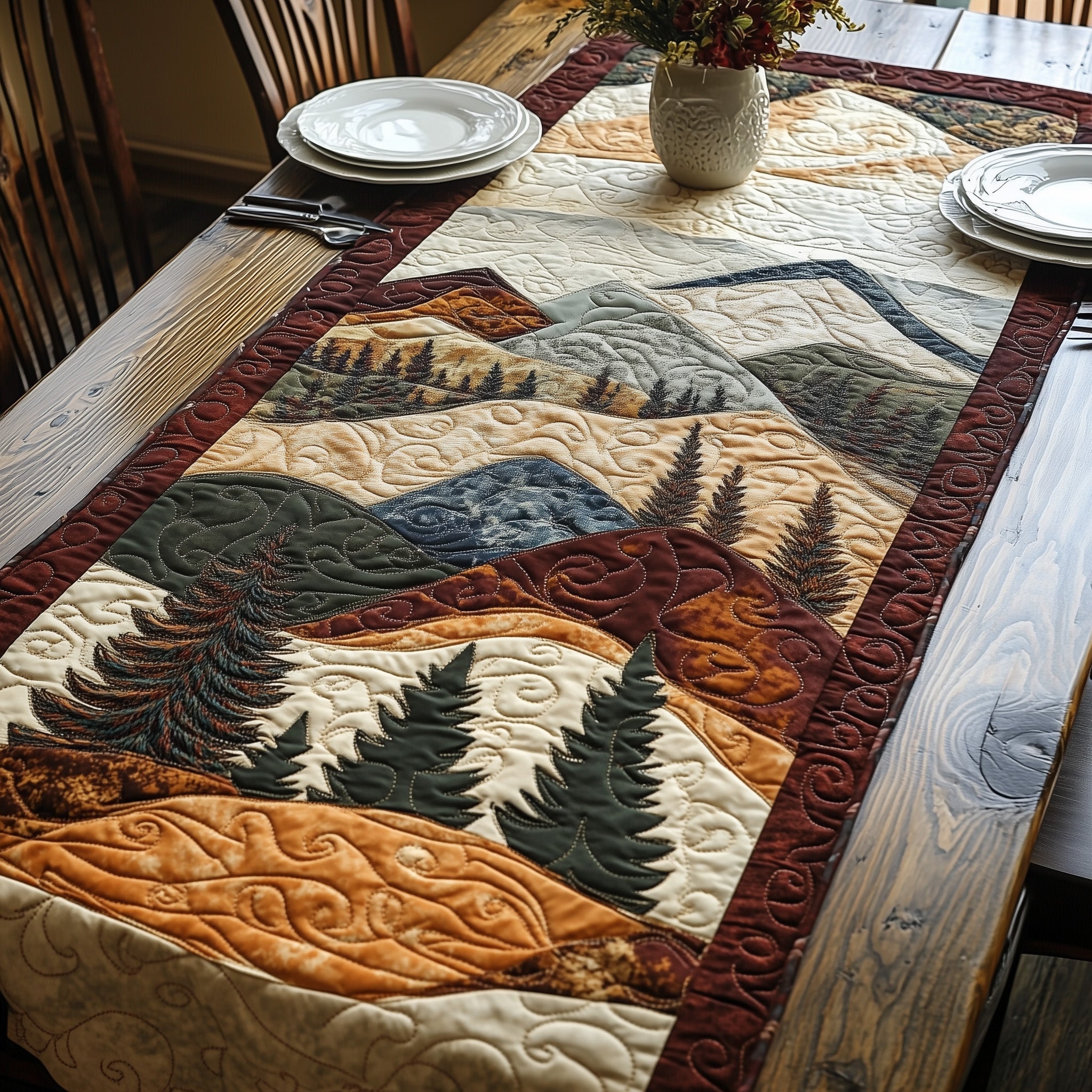 Mountain Forest Quilted Table Runner Holiday Runner Dining Cute Mothers Day Gifts