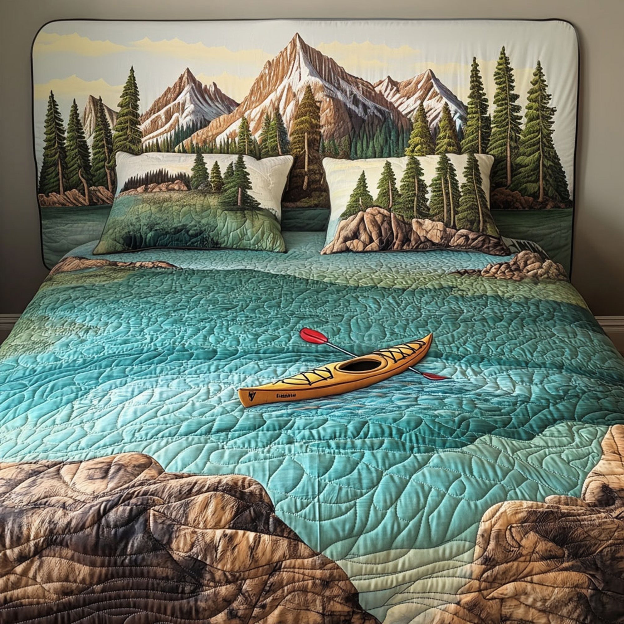 Mountain Kayak Quilted Bedding Set Cool Bedroom Decor Fishing Presents For Dad
