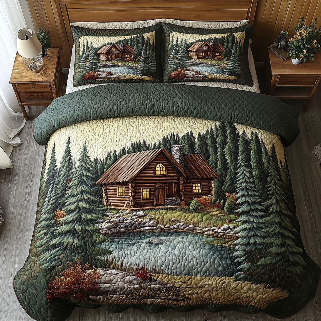 Mountain Log Cabin Quilted Bedding Set Bed Decor Unique Gifts For Family