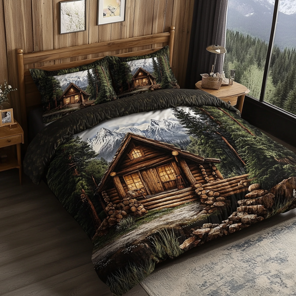 Mountain Log Cabin Quilted Bedding Set Bed Room Decoration Gift Idea For Mother In Law