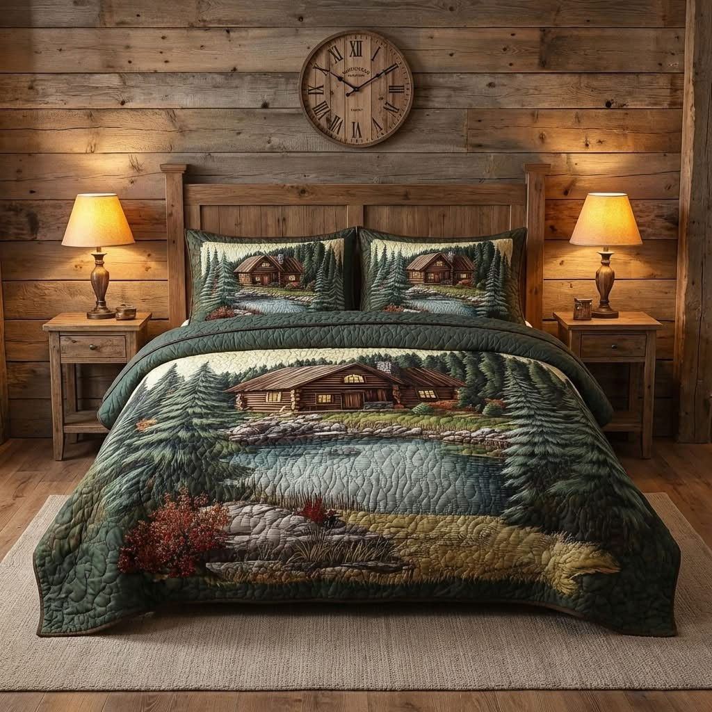 Mountain Log Cabin Quilted Bedding Set Rustic Bedroom Decor Best Father's Day Gifts