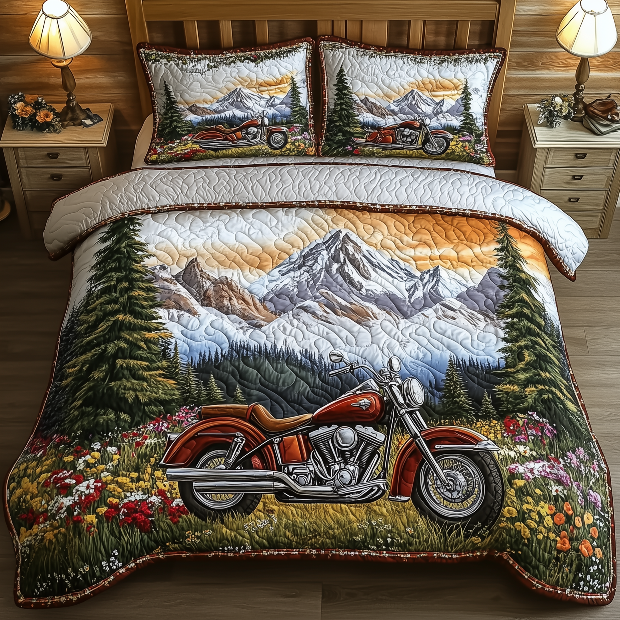 Mountain Trail Motorcycle Quilted Bedding Set Best King Sheet Set Unique Father'sDay Gifts