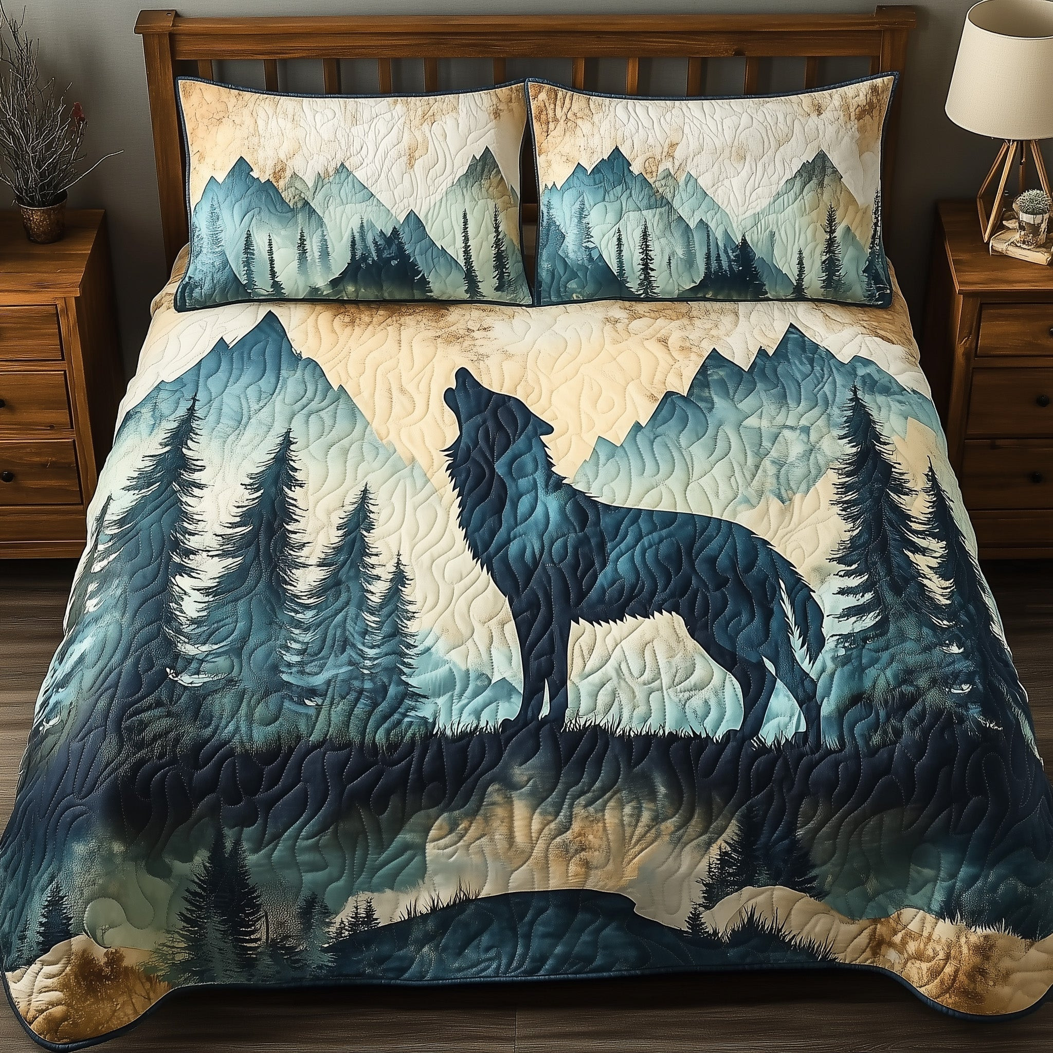 Mountain Wolf Quilted Bedding Set Boho Bedroom Decor Themed Wolf Gifts For Her