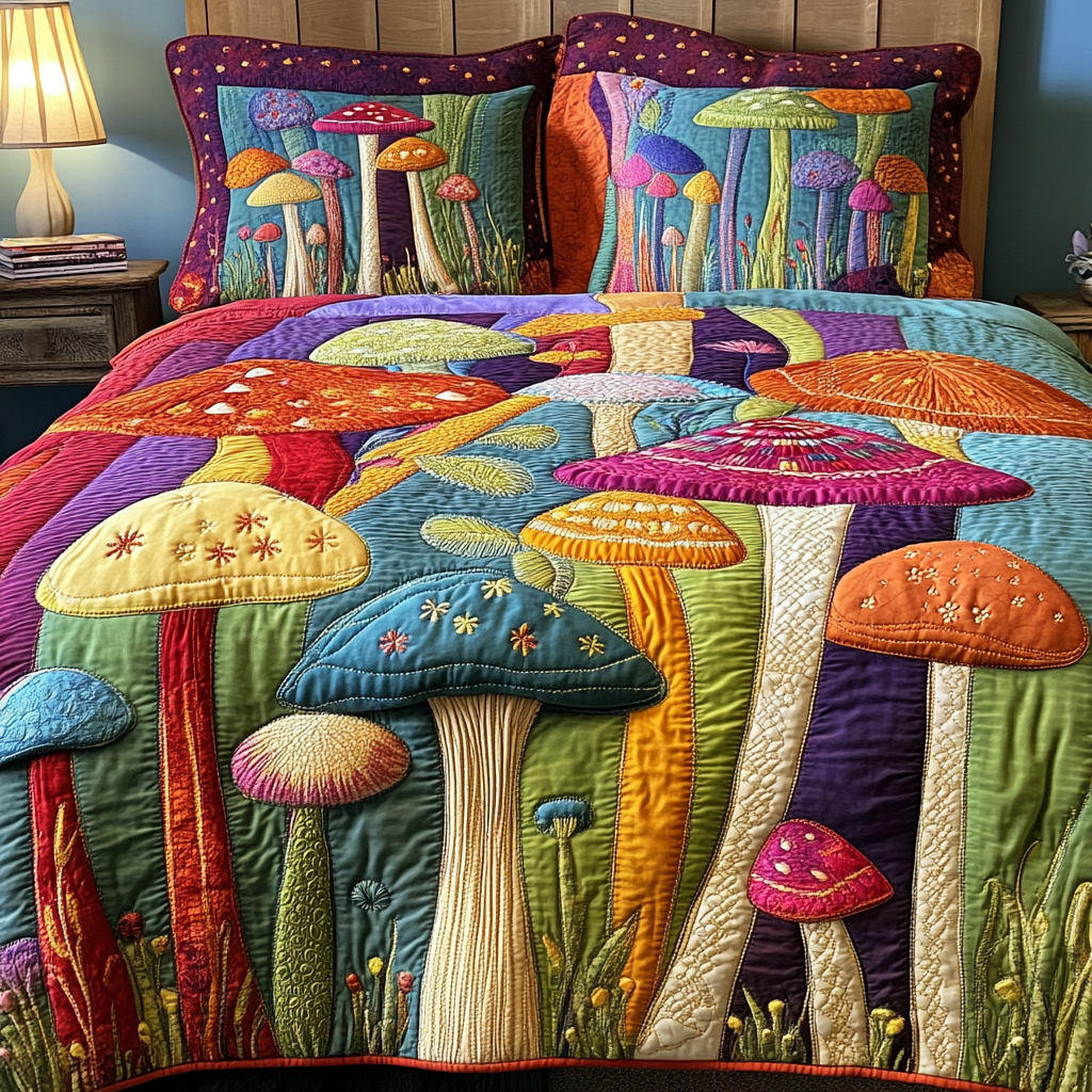 Mushroom Garden Quilted Bedding Set Cute Bedroom Decor Gift Ideas For New Moms