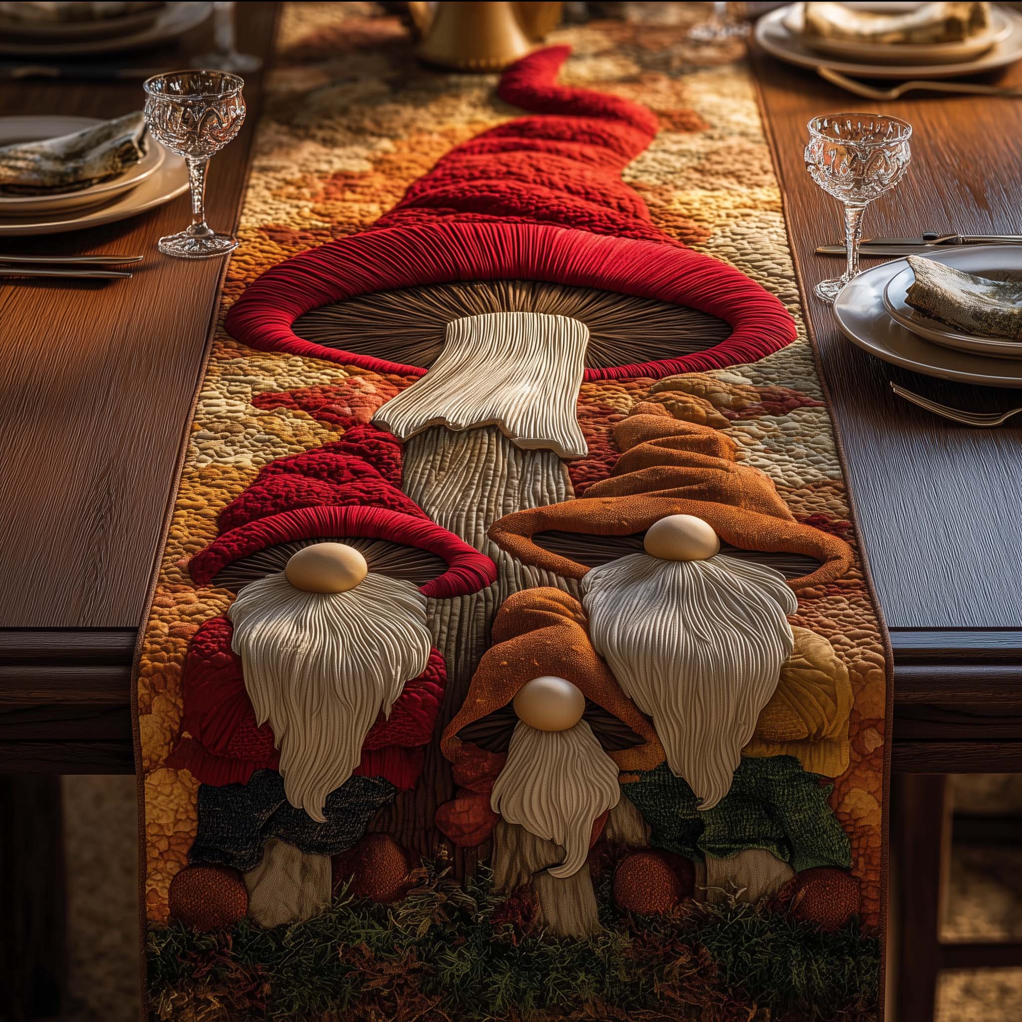 Mushroom Gnomes Quilted Table Runner Vintage Christmas Table Runners Christmas Gift Ideas For Her