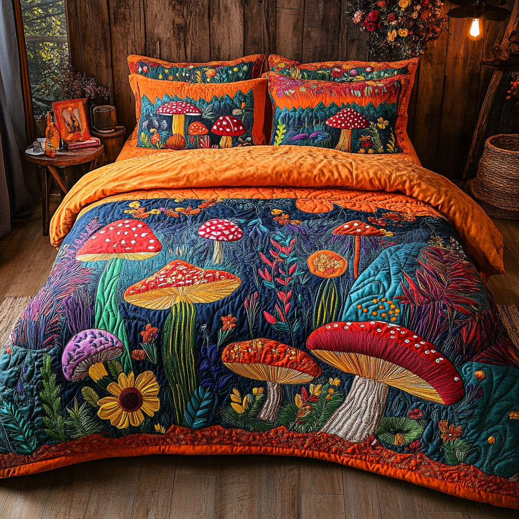 Mushroom Meadow Quilted Bedding Set Cute Room Decor Birthday Presents For Hippies
