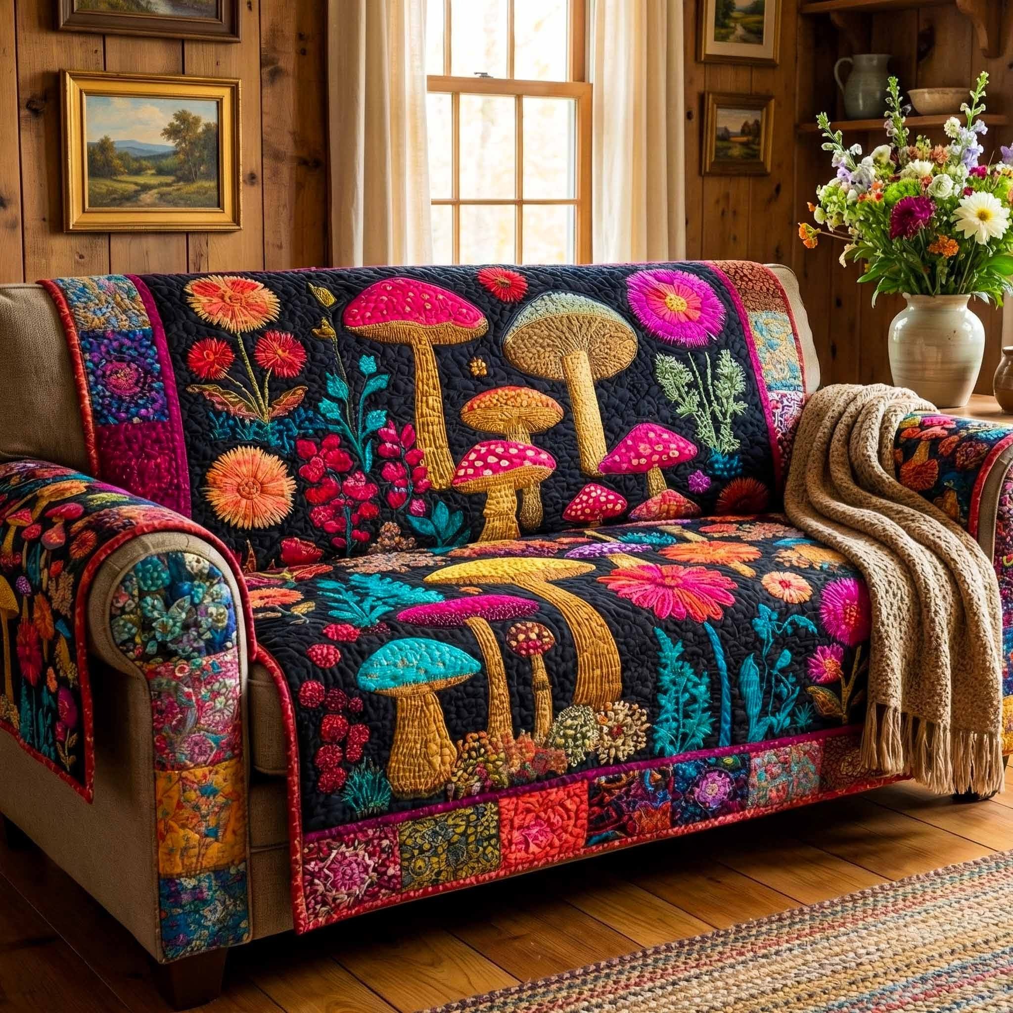 Mushroom Mycelium Quilted Sofa Cover Vibrant Floral Couch Cover Home Decor Gifts For Mom