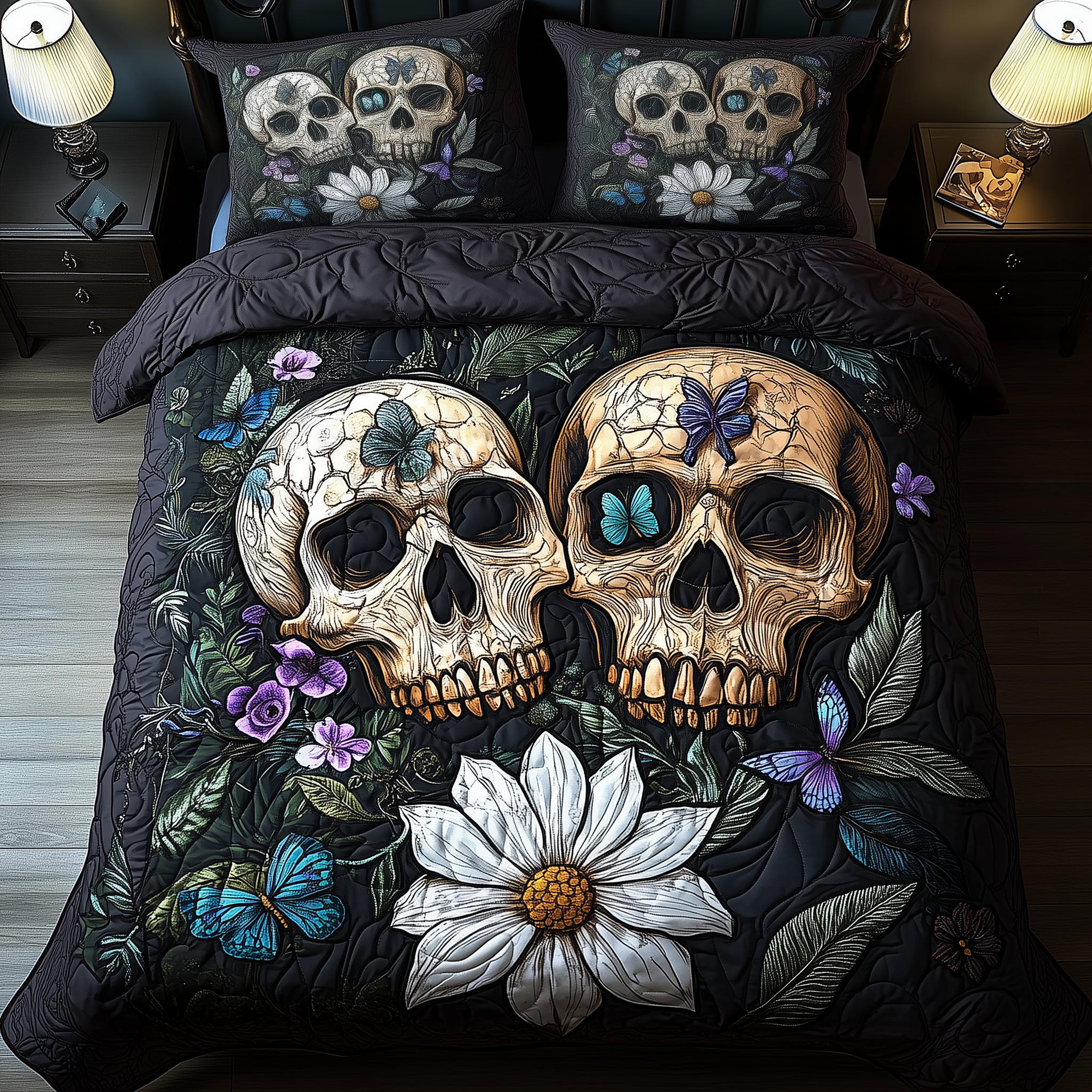Mysterious Garden Quilted Bedding Set Best Bedsheets Gifts For Skull Lovers