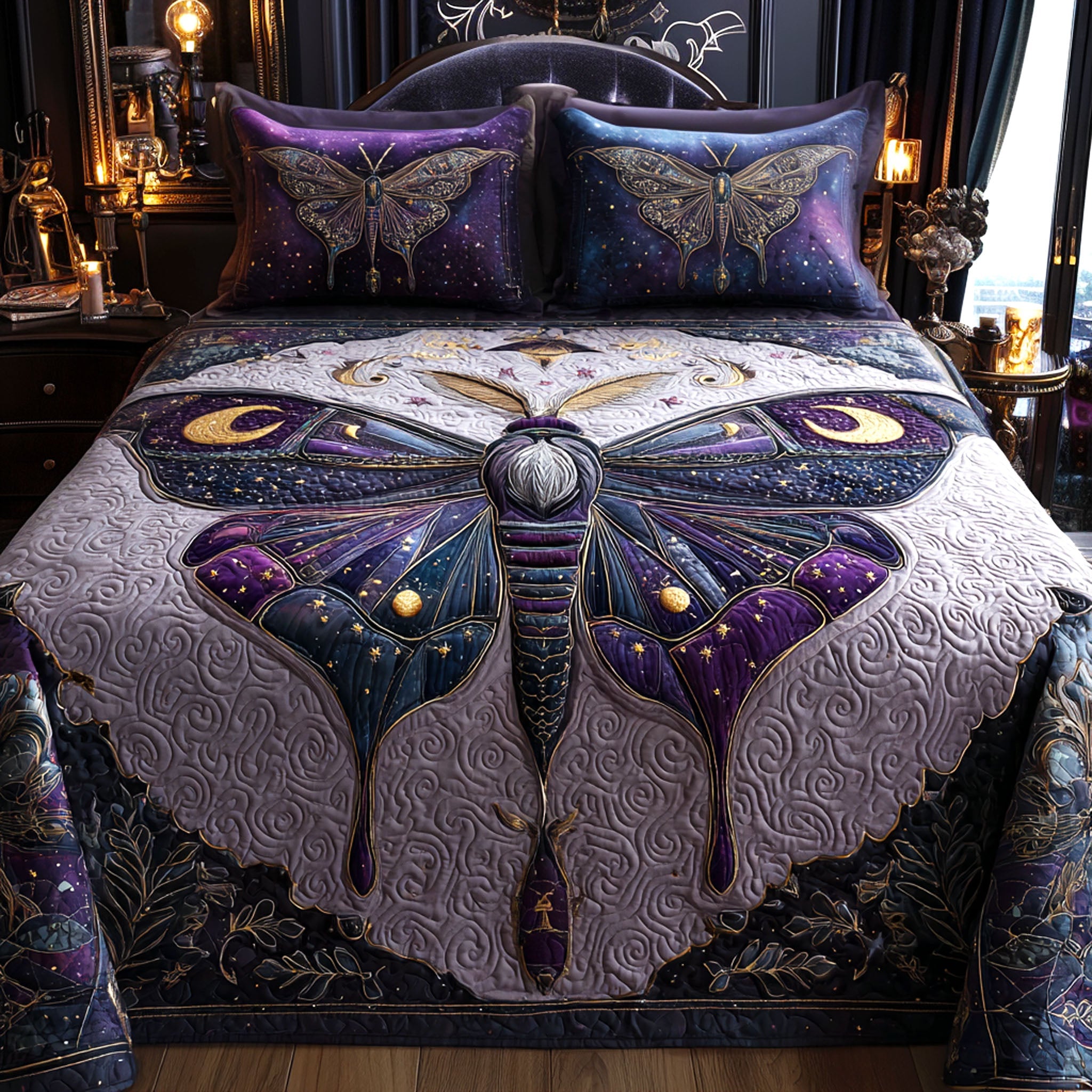 Mystic Amethyst Moth Quilted Bedding Set Best King Sheets Butterfly Gift Ideas Birthday