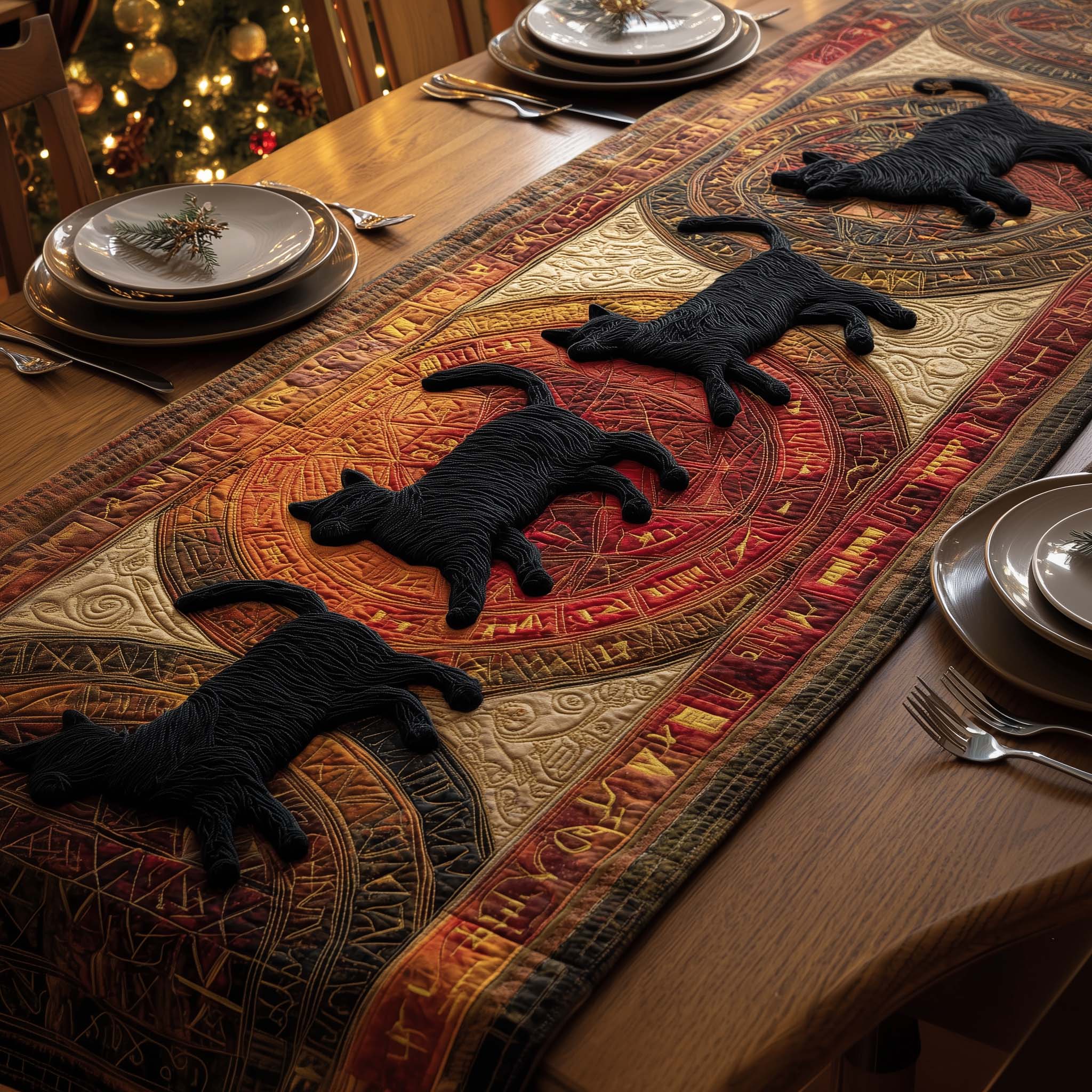 Mystic Cats Quilted Table Runner Best Christmas Dinner Table Decorations Cat Present Ideas Xmas
