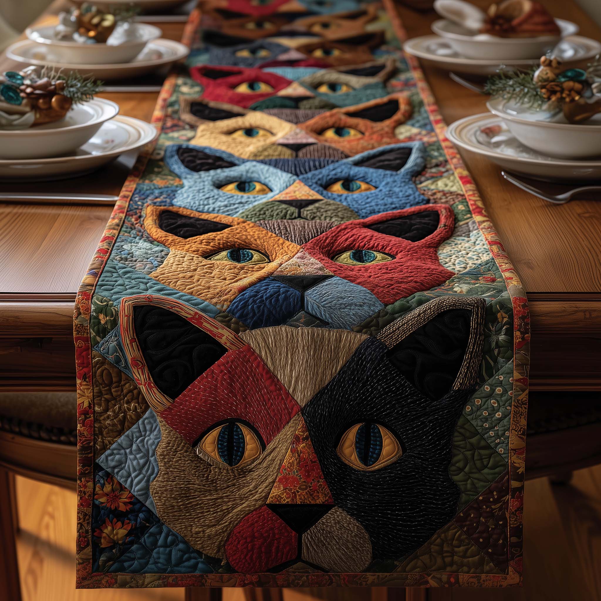 Mystic Cats Quilted Table Runner Kitchen Table Decor Mardi Gras Gifts Merchandise
