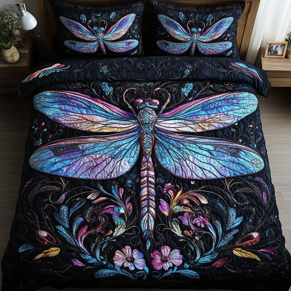 Mystic Dragonfly Quilted Bedding Set Cute Queen Bed Sheets Great Dragonfly Lover Gifts