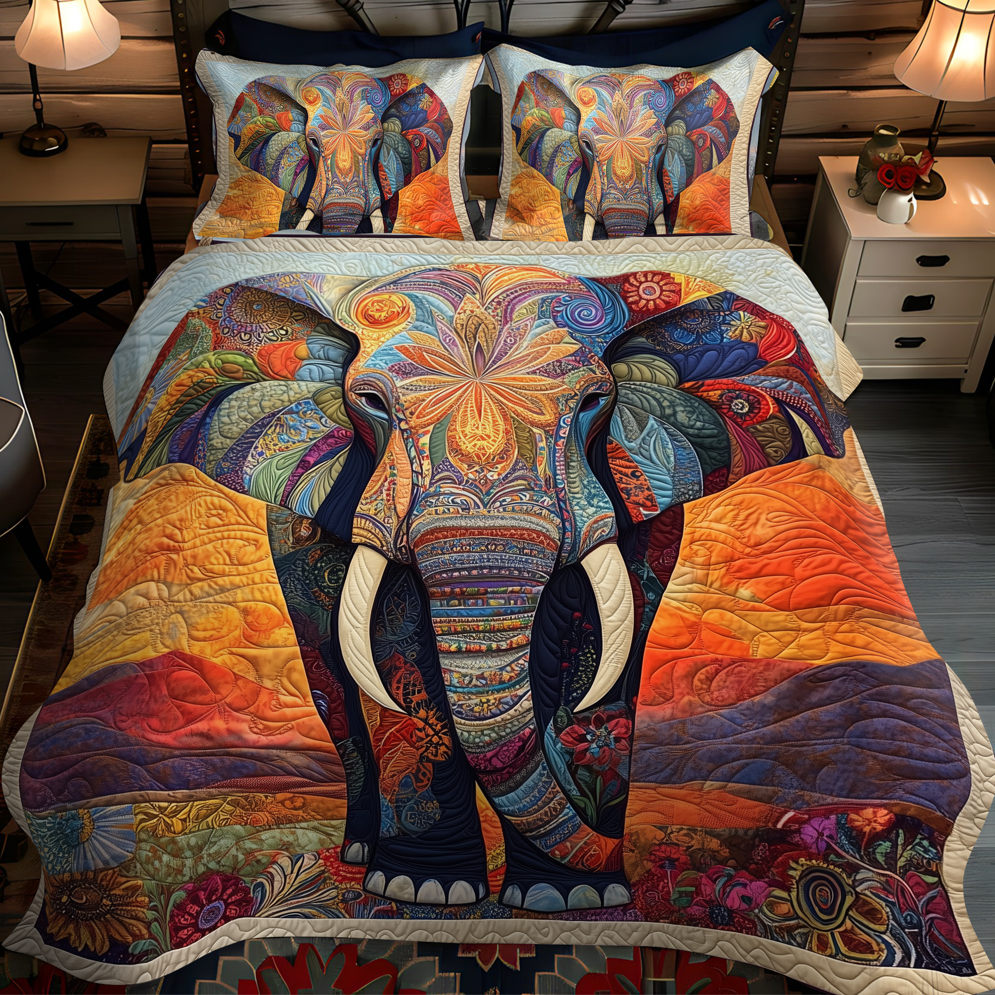 Mystic Elephant Quilted Bedding Set Cozy Bedroom Decor Elephant Themed Gifts