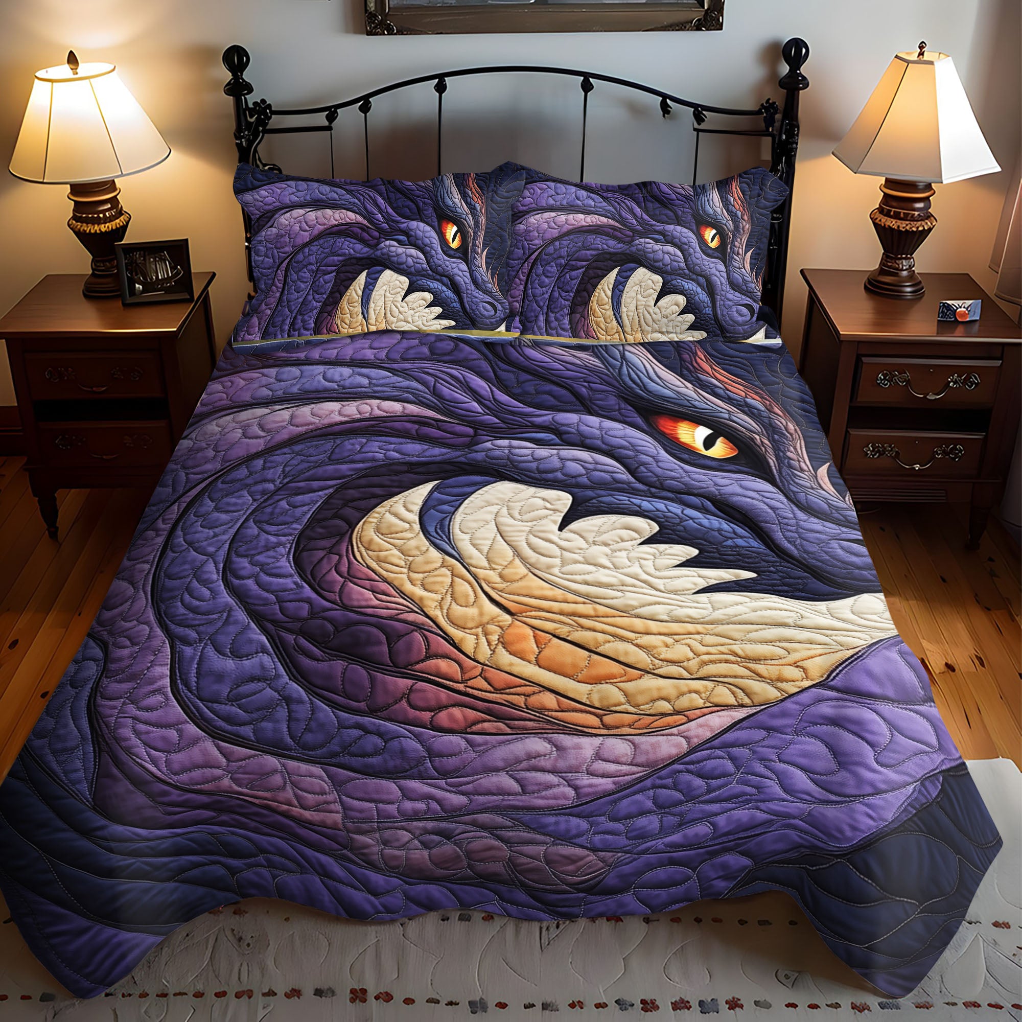 Mystic Flame Quilted Bedding Set Bed Room Decoration Unique Dragon Gifts