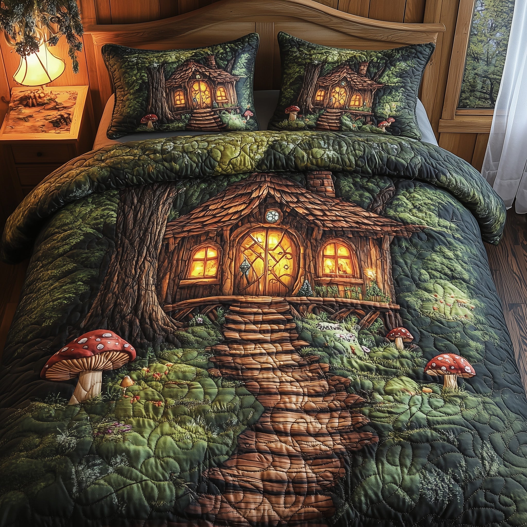 Mystic Forest Hut Quilted Bedding Set Best Bedsheets Presents For Mushroom Lovers