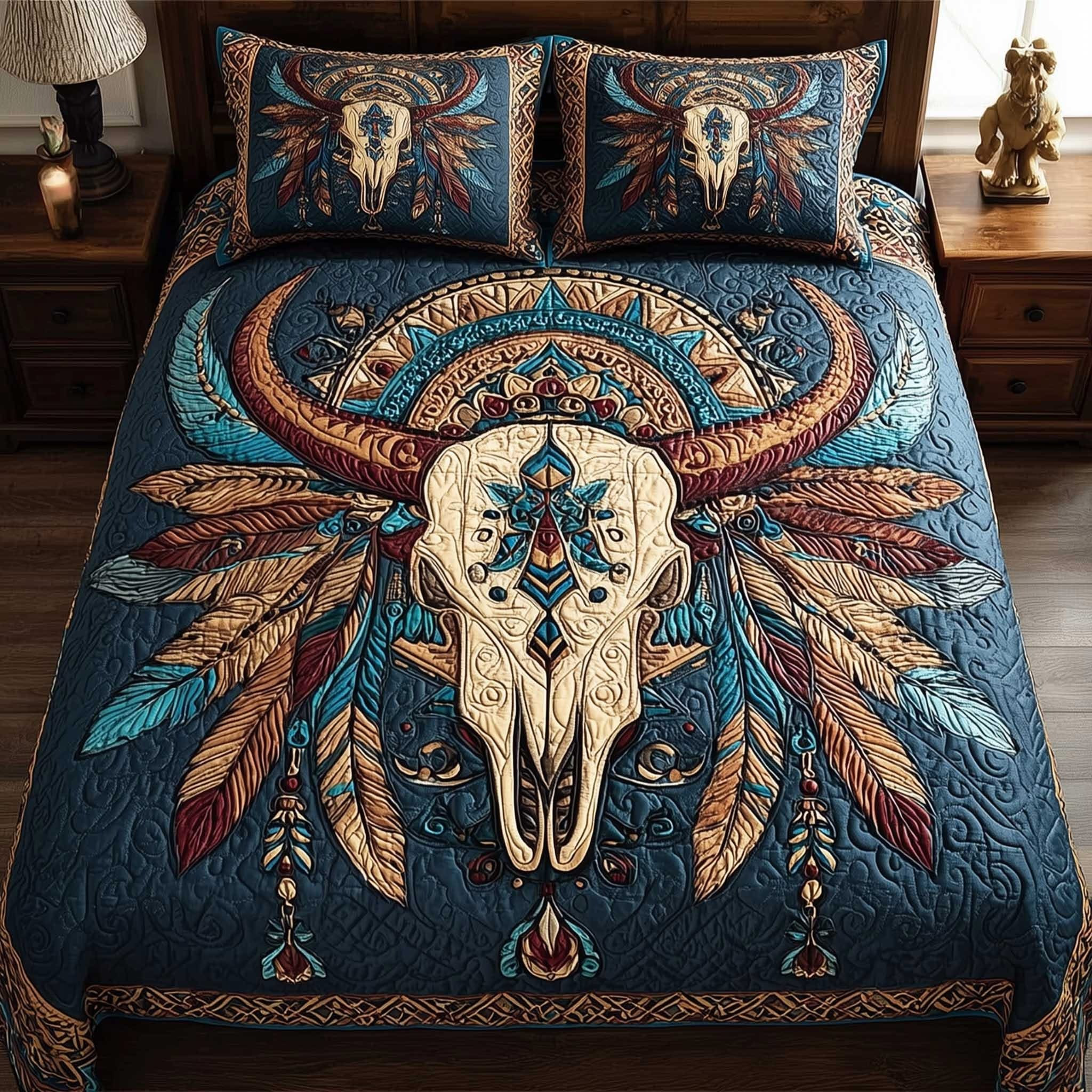 Mystic Horned Skull Quilted Bedding Set Bed Sheet Set Best Native American Gifts