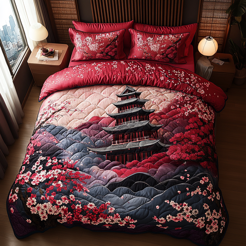 Mystic Japanese Pagoda Quilted Bedding Set Bed Decor Ideas Mother's Day Delivery Gifts