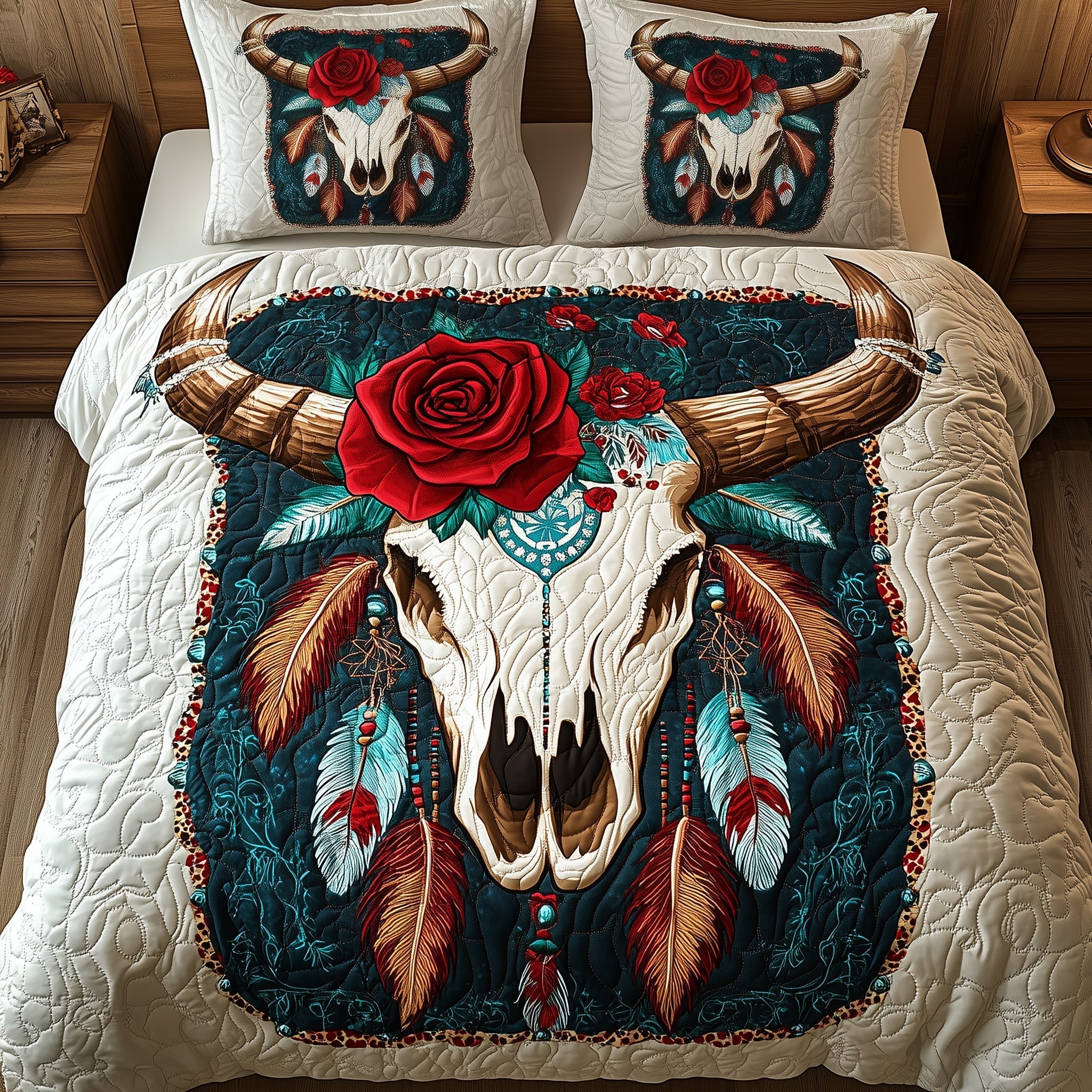 Mystic Native Longhorn Quilted Bedding Set Bedroom Decorations Unique Native American Gifts