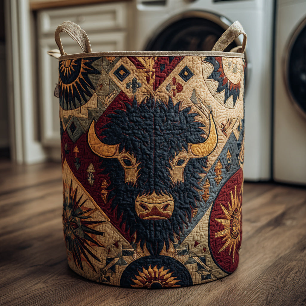 Mystic Tribal Bison Quilted Laundry Basket Foldable Hamper Unique Native American Gifts Ietms