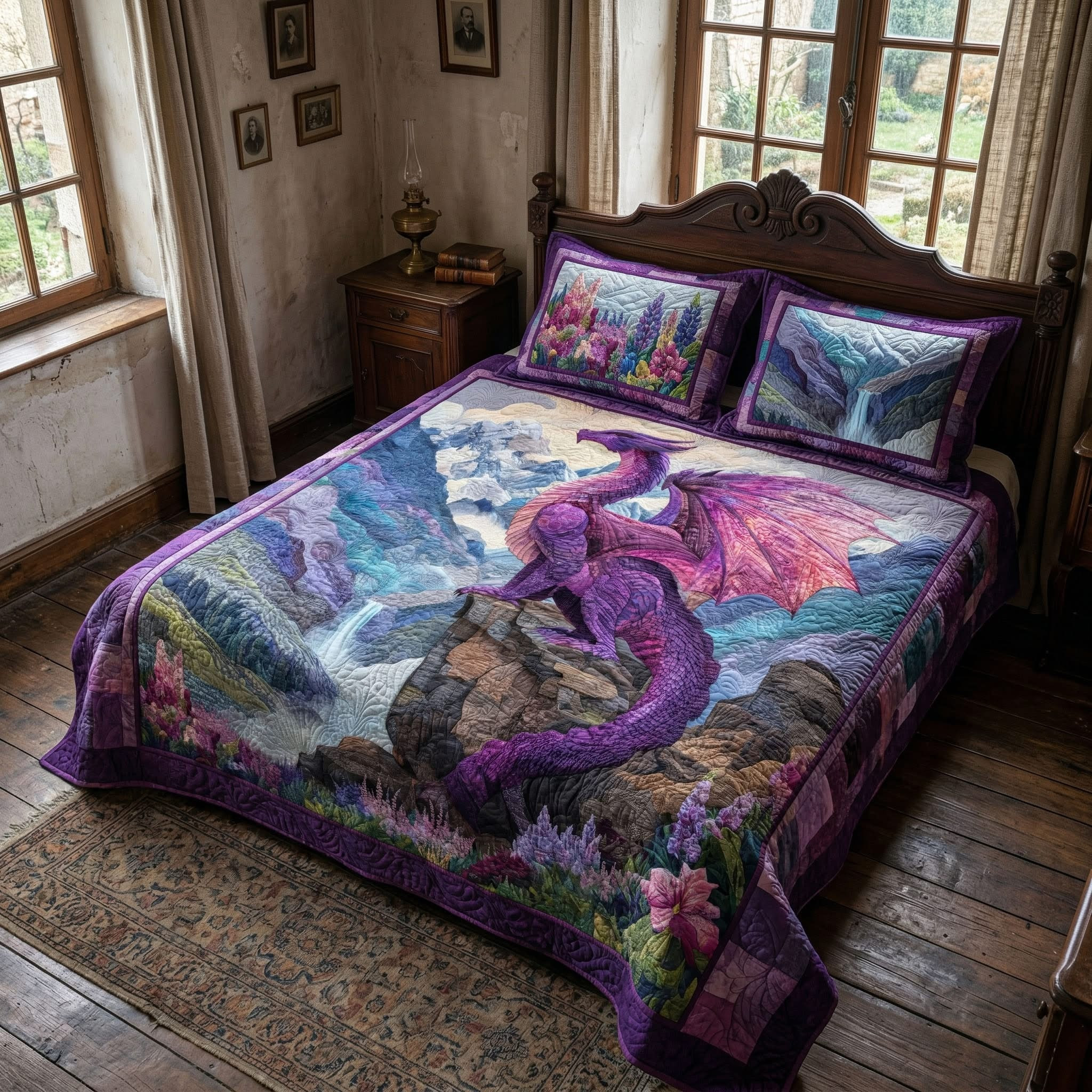 Mystic Valley Dragon Quilted Bedding Set Mythical Theme Mystic Valley Dragon Fire Gift Lover