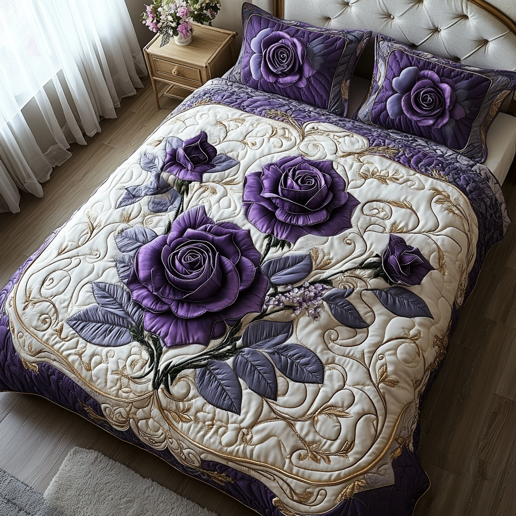 Mystic Violet Rose Quilted Bedding Set Bedroom Decor Mother Daughter Gifts