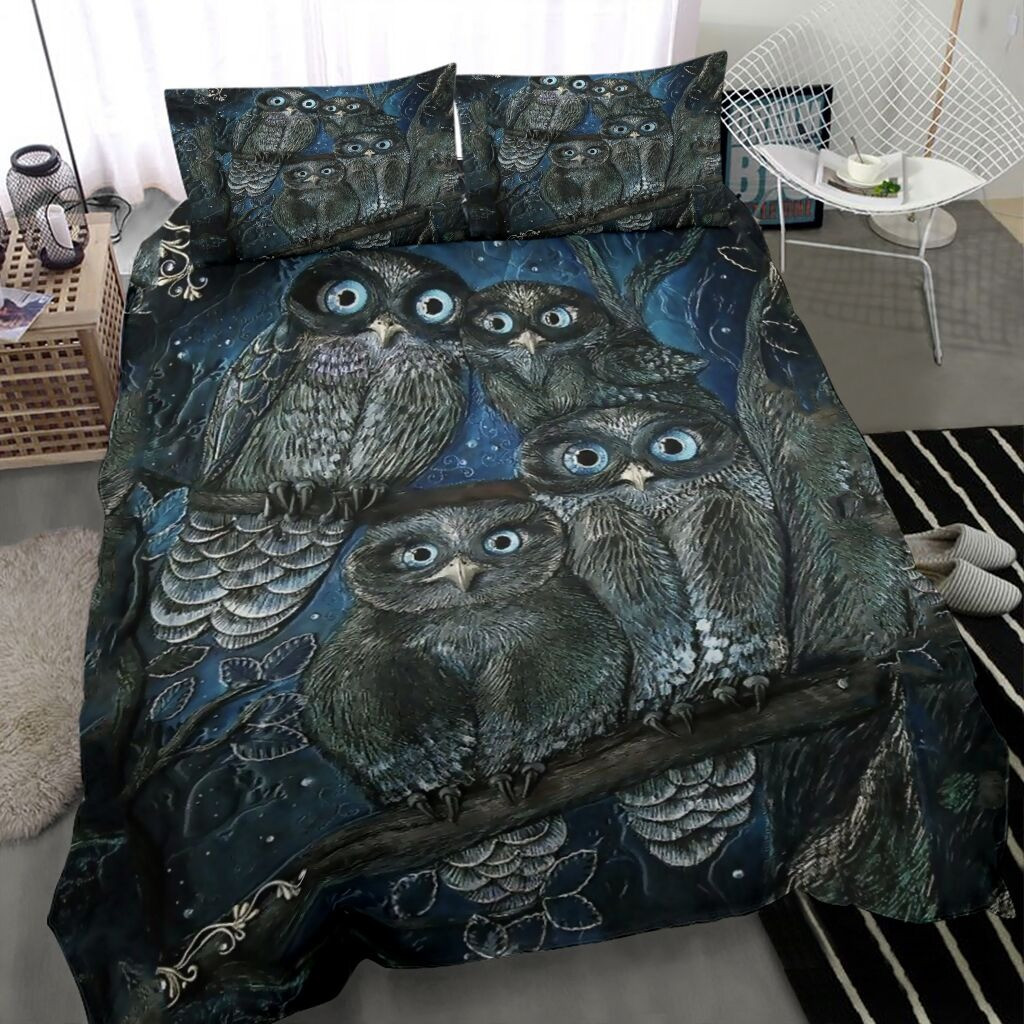 Mystical Blue Eyed Owl Family Bedding Set Dark Gothic Owl Duvet Cover Themed Gifts