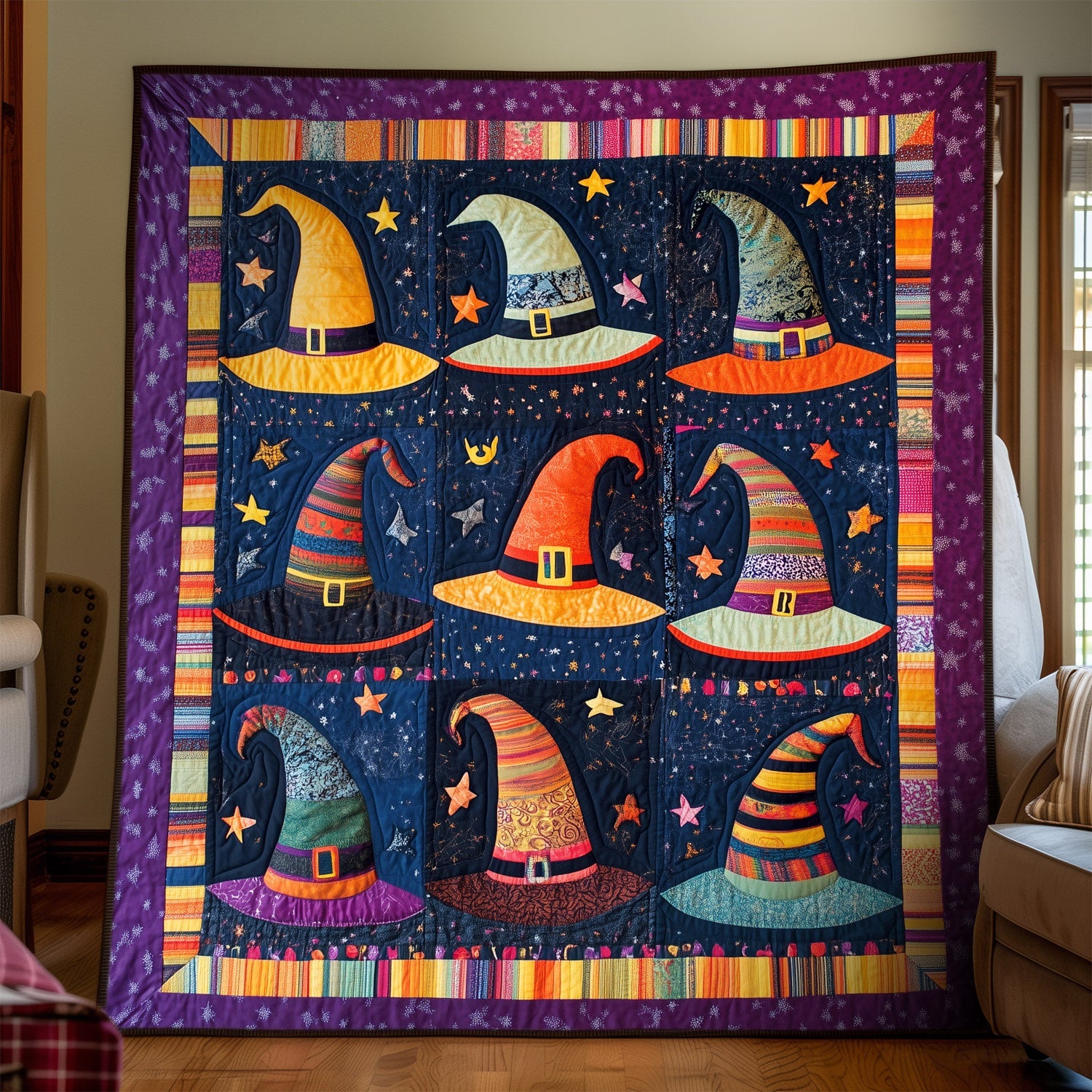Mystical Hat Collection Quilted Blanket Bedspread Quilts Gifts For Halloween Lovers