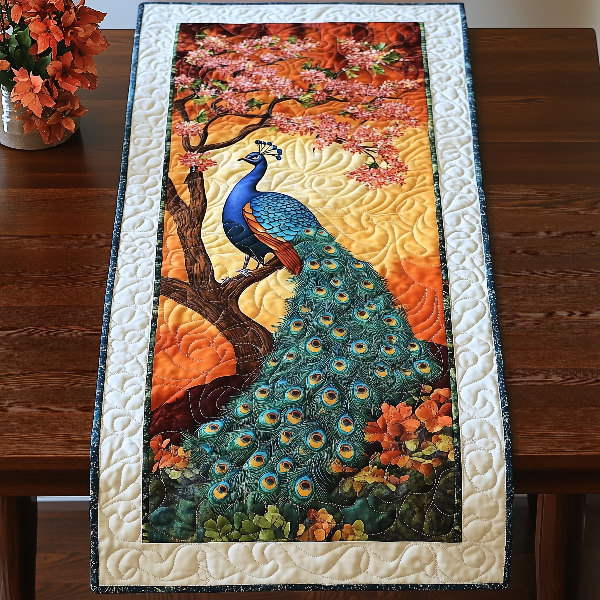 Mystical Twilight Peacock Quilted Table Runner Unique Table Runner Gifts For Peacock Owners