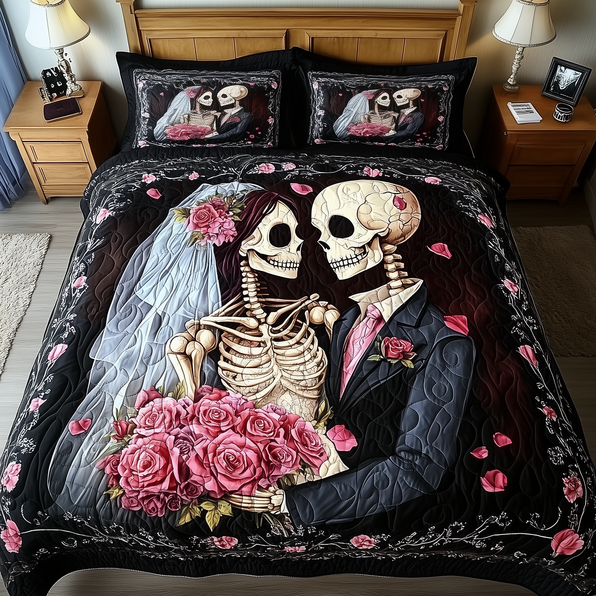 Mystique Skull Couple Quilted Bedding Set Bed Room Art Gifts For People Who Like Skulls