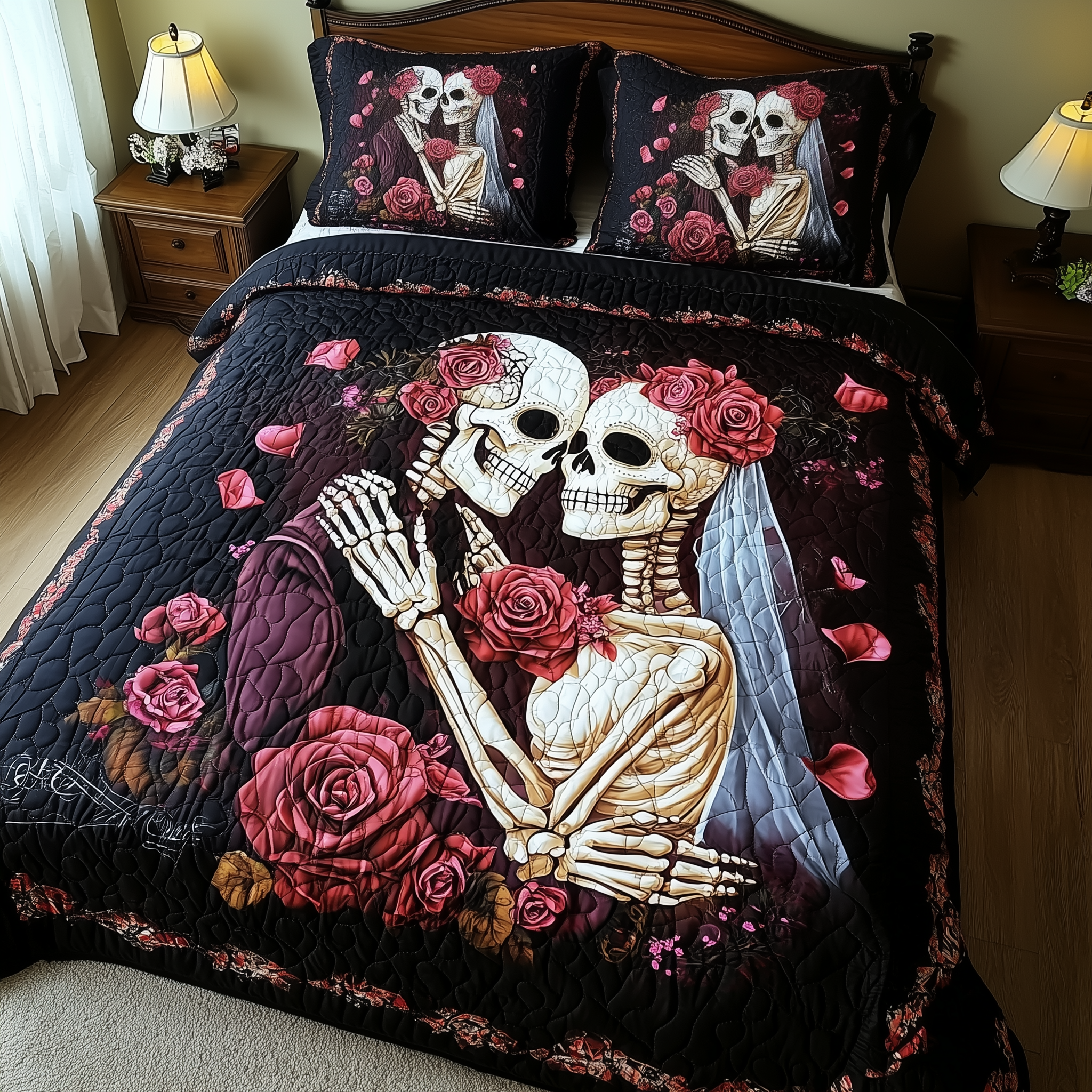 Mystique Skull Couple Quilted Bedding Set Best Fitted Sheets Skull Inspired Gifts