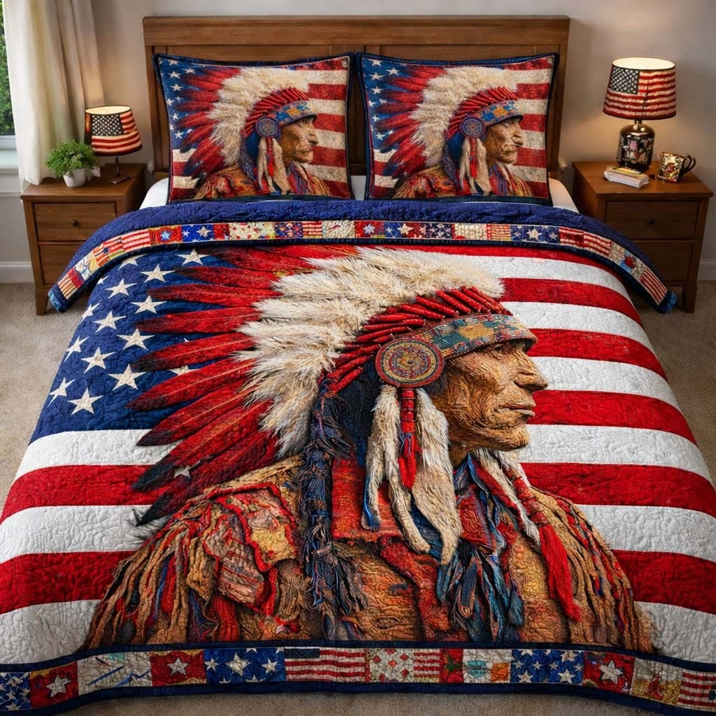 Native American Chief Quilted Bedding Set USA Flag Patriotic Bed Decor Native American Gifts