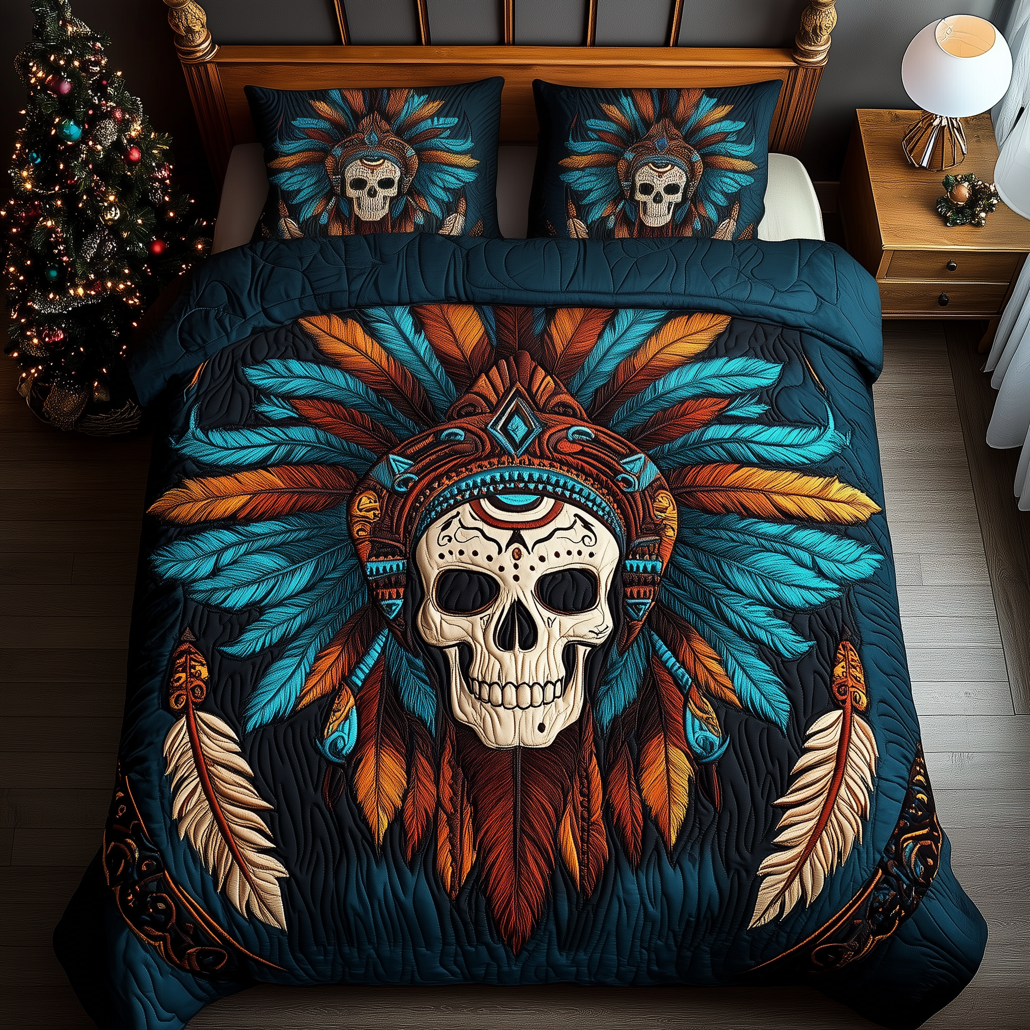Native Warrior Skull Quilted Bedding Set Bedding Decor Skull Themed Gifts