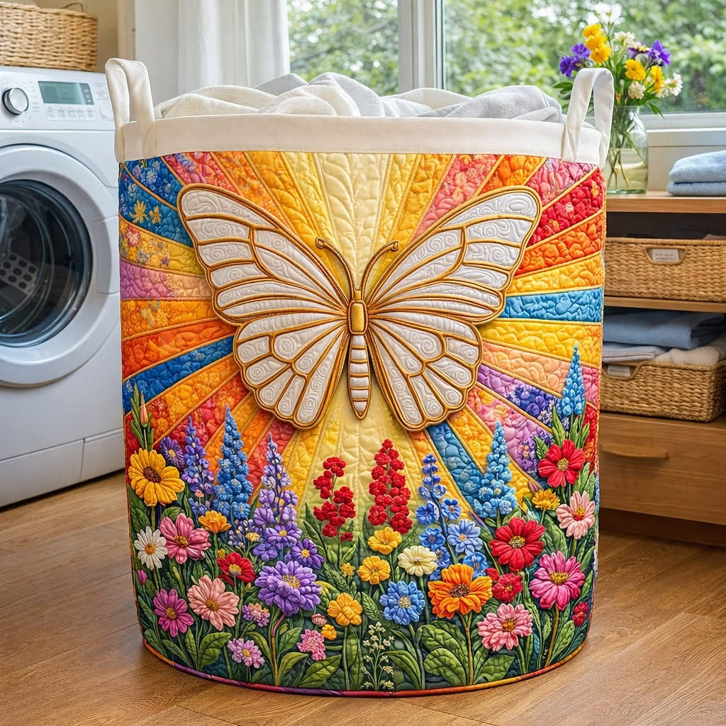 Nature Art Butterfly Quilted Laundry Basket Floral Patchwork Home Decor Merch Gift For Gardeners