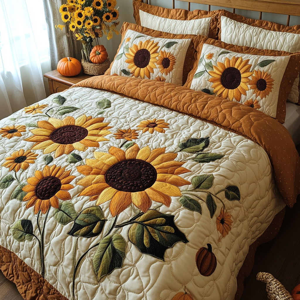 Nature Glow Quilted Bedding Set Unusual Bed Sheets Sunflower Gifts For Women