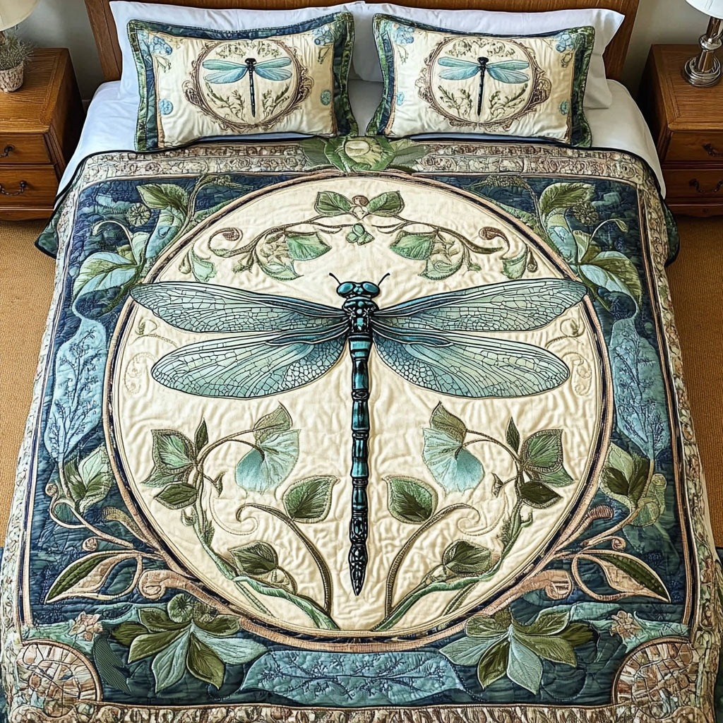 Nature Symphony Quilted Bedding Set Cute Boho Comforter Sets Cool Gifts For Dragonfly Lovers