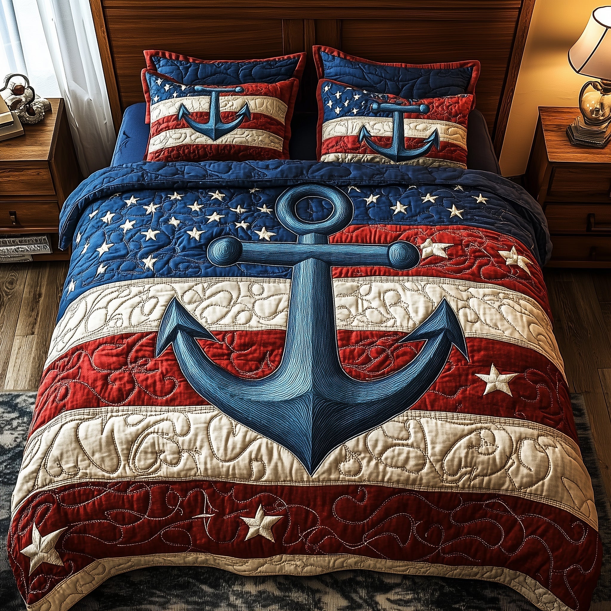 Nautical Anchor Quilted Bedding Set Bed Decor Ideas Patriotic Fathers Day Gifts