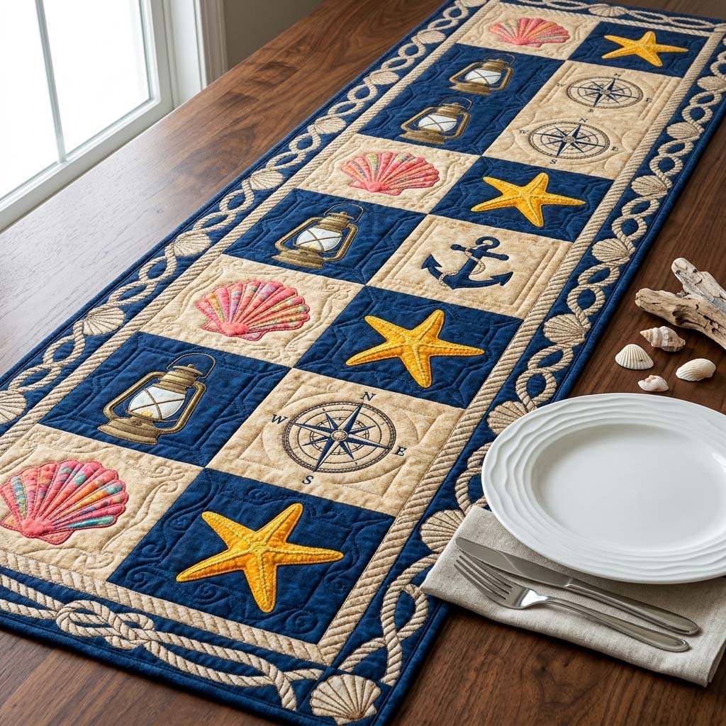 Nautical Compass Quilted Table Runner Ocean Themed Table Runners Good Gifts For Beach Lovers