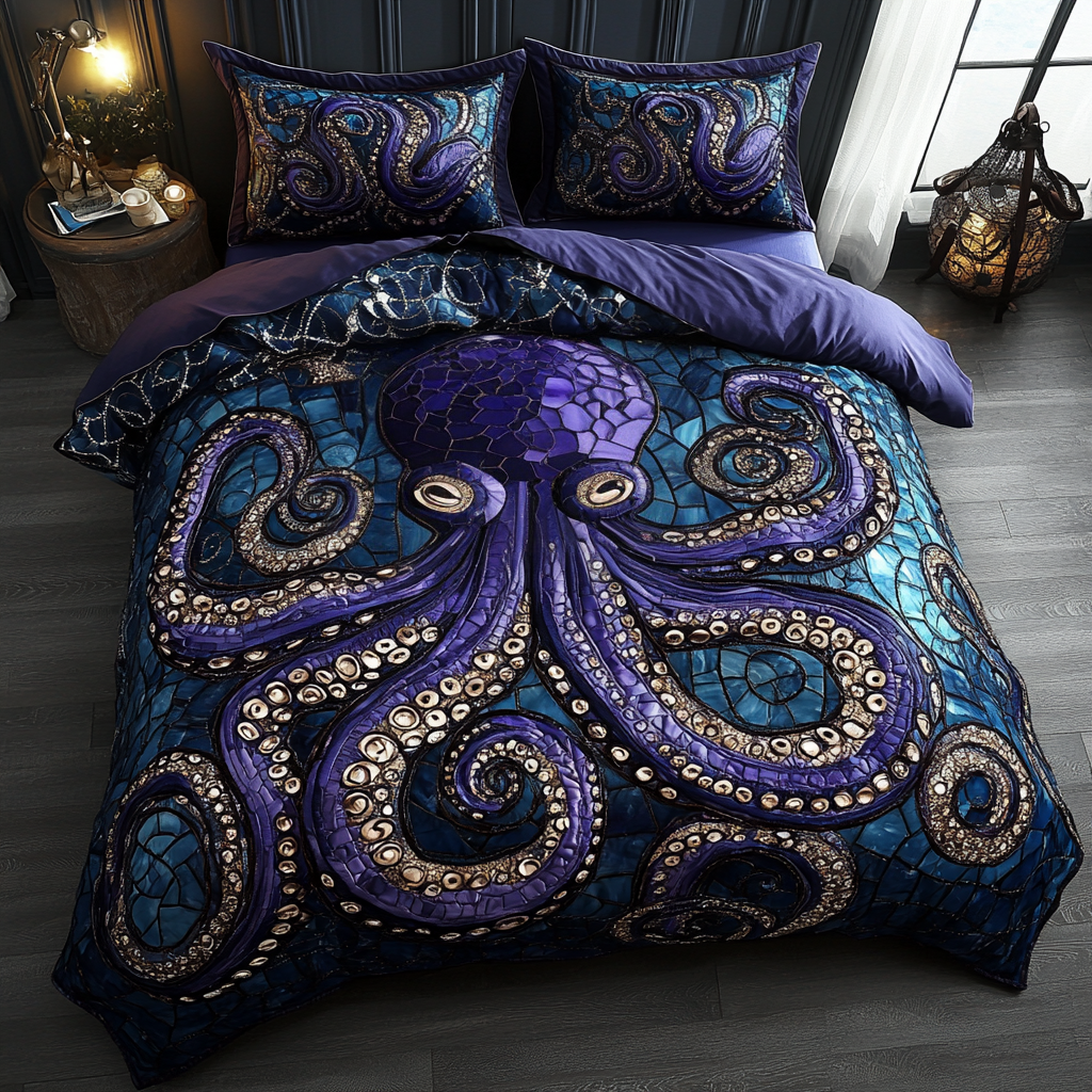 Nautical Enchantment Quilted Bedding Set Cute Room Decor Octopus Gifts For Adults