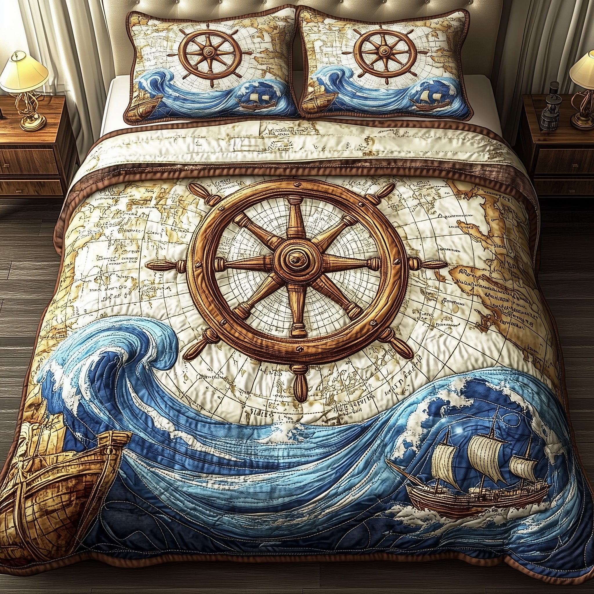 Nautical Ship Wheel Quilted Bedding Set Bed Bedding Set Unique Gifts For Ocean Lovers