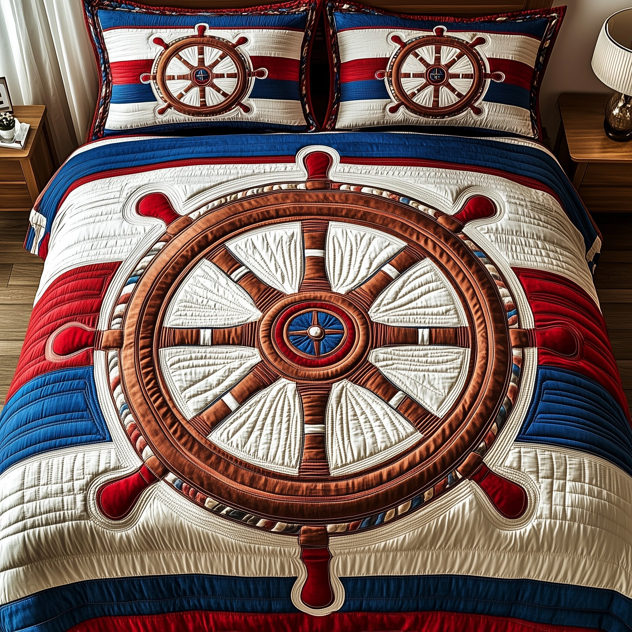 Nautical Ship Wheel Quilted Bedding Set Bedsheet Comforter Set Presents For Ocean Lovers